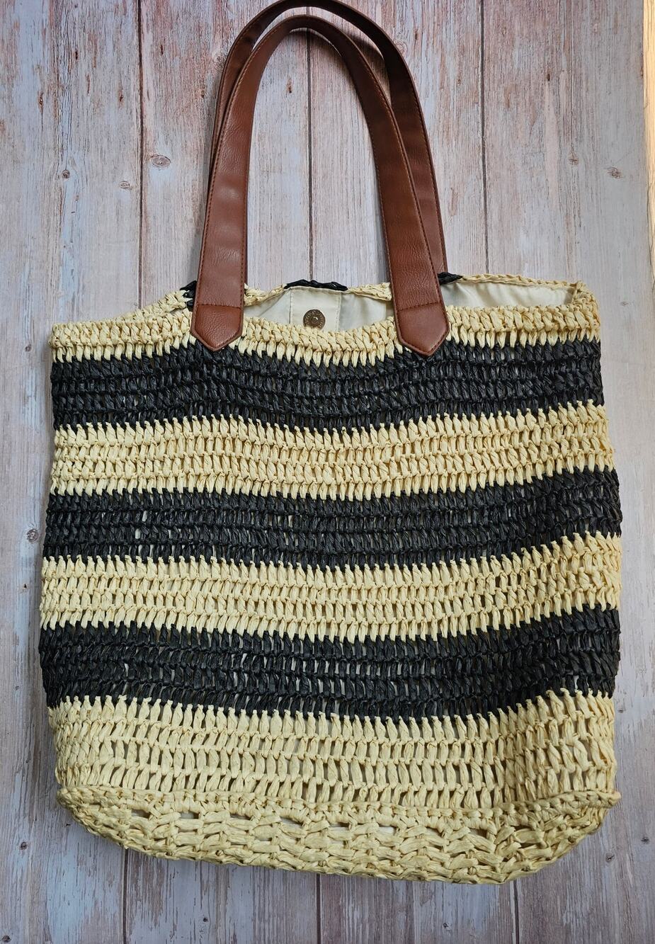 Vintage Crochet Straw Tote Bag Black White Stripe Boho Fall Purse
